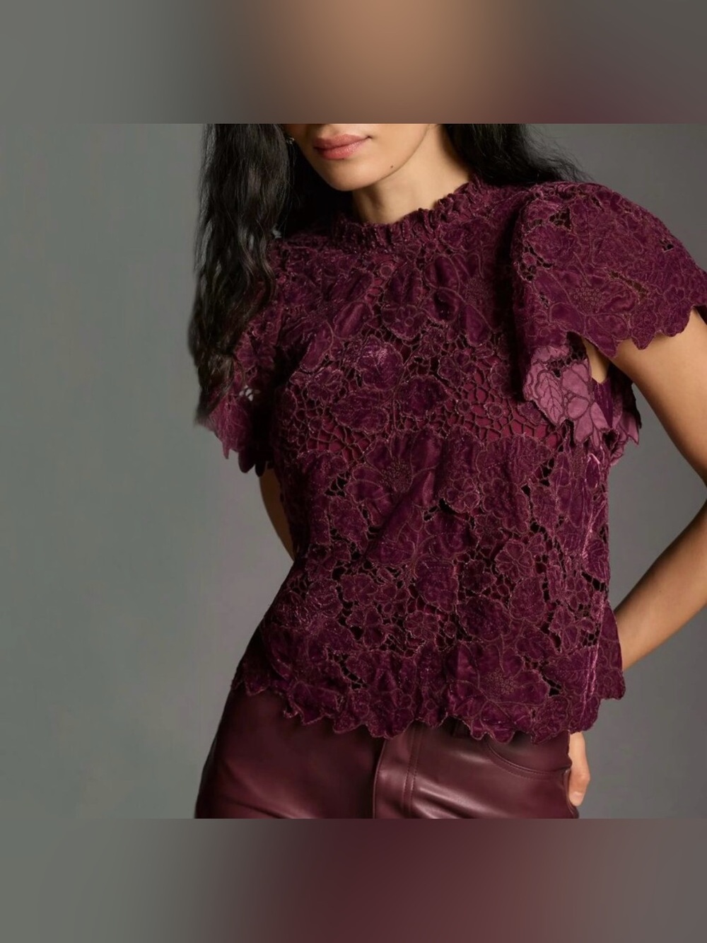 Anthropologie Plum Lace Floral Short Sleeve Top
